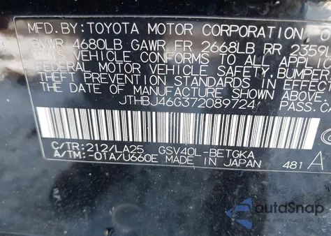 2007 Lexus Es 350 z USA, uszkodzony, nr VIN JTHBJ46G372089724